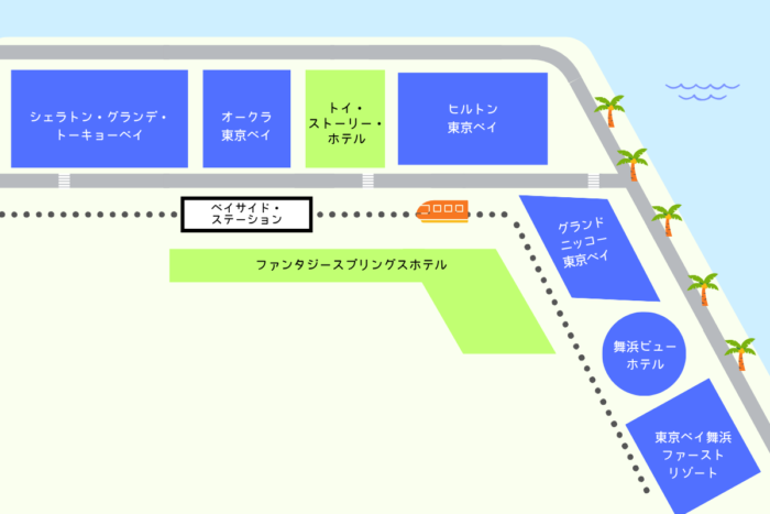 ディズニーオフィシャルホテルの地図(ベイサイドステーション周辺)